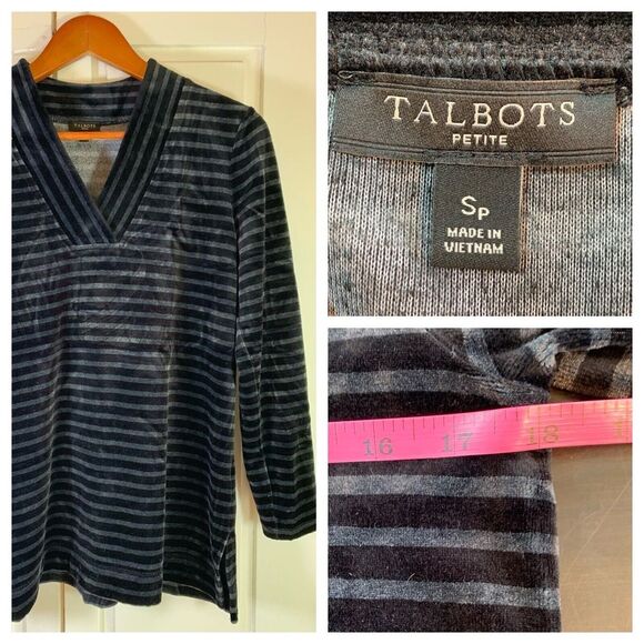 Talbots Tops - Talbots Top Women's Petites Small SP Soft Cozy  Black Stripe V Neck Velour Hygge